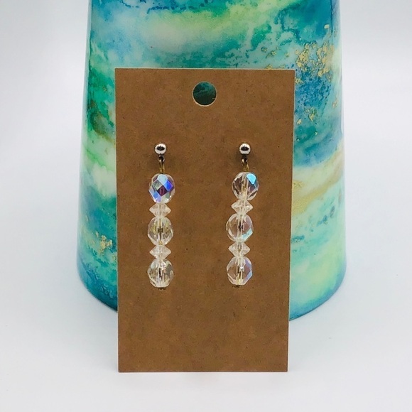 VINTAGE Swarovski Crystal Earrings Faceted AB Iridescent Stacked Beads Dangle - Picture 1 of 5